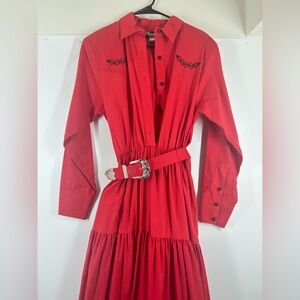 Vintage Western Red Long Sleeve Tiered Dress with Belt